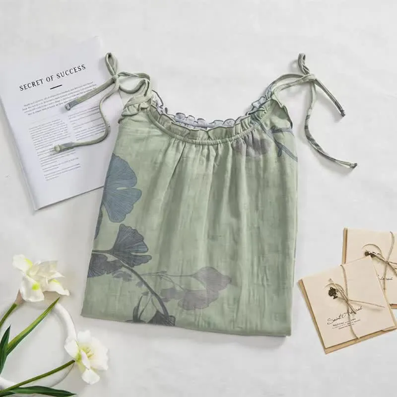 Ginkgo-Blatt-Baumwoll-Loungekleid mit Bindebändern