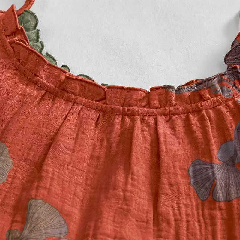 Ginkgo-Blatt-Baumwoll-Loungekleid mit Bindebändern