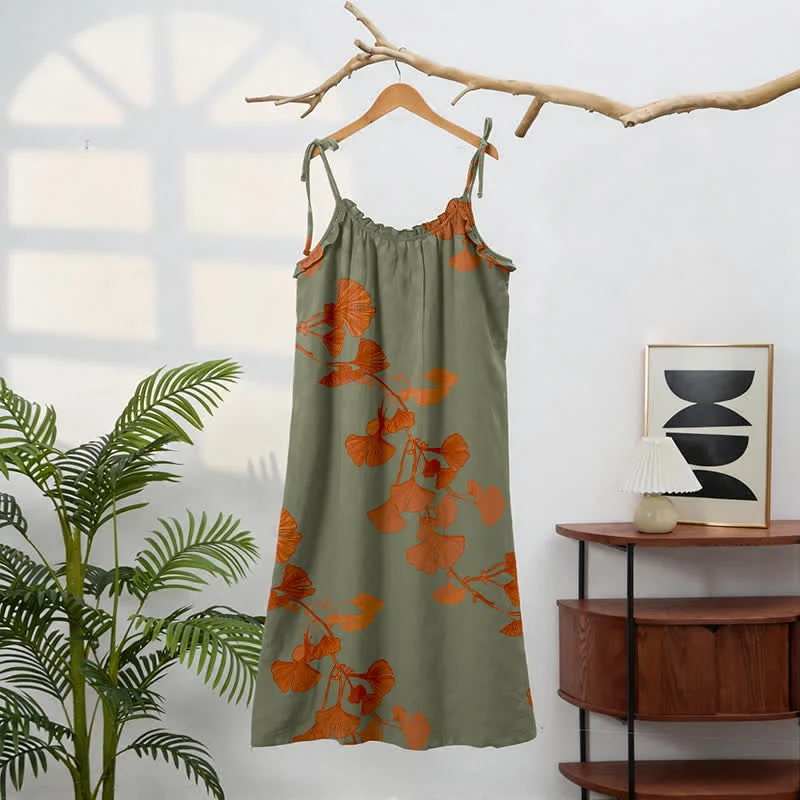 Ginkgo-Blatt-Baumwoll-Loungekleid mit Bindebändern