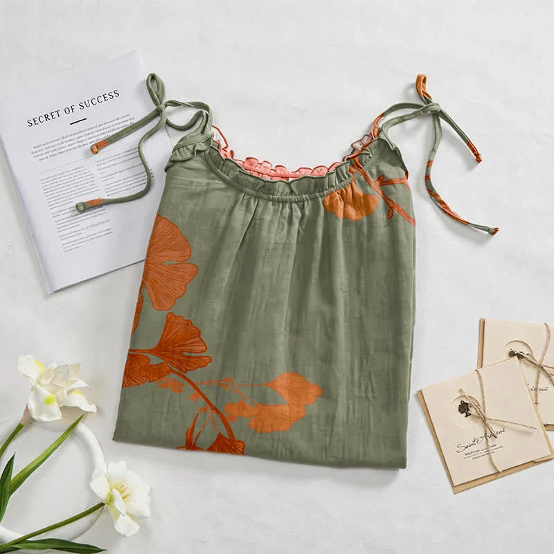 Ginkgo-Blatt-Baumwoll-Loungekleid mit Bindebändern