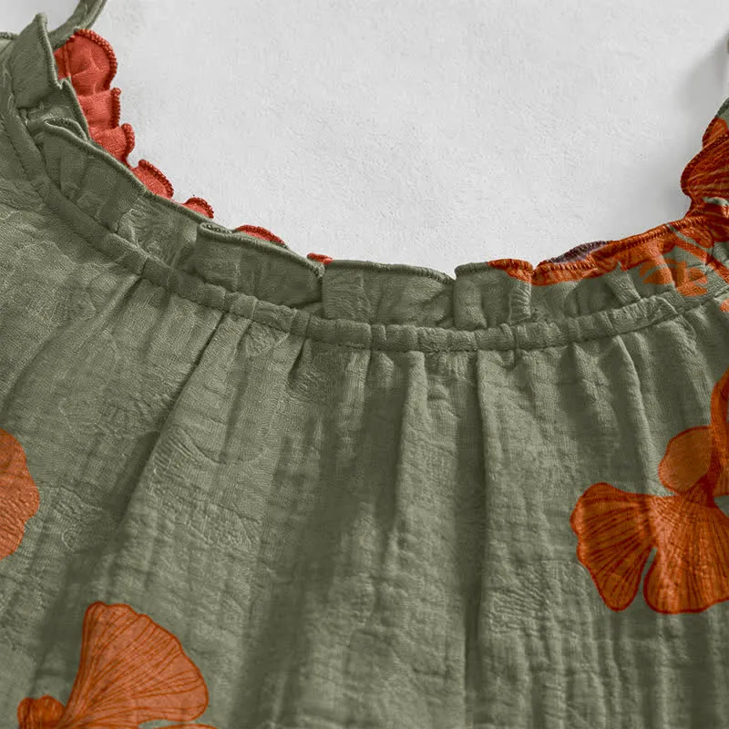 Ginkgo-Blatt-Baumwoll-Loungekleid mit Bindebändern
