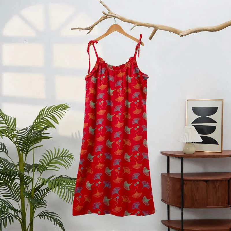 Loungekleid mit Ginkgo-Blumenmuster und Bindebändern