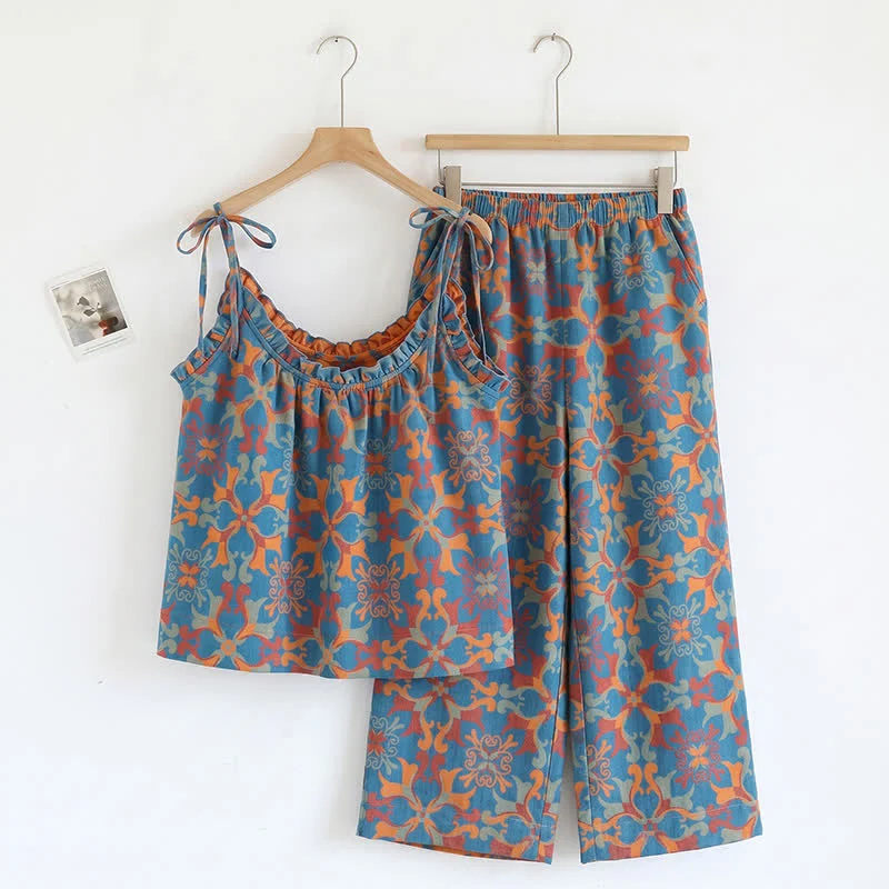 Boho-Pyjama-Set mit Blumenmuster und Bindeband