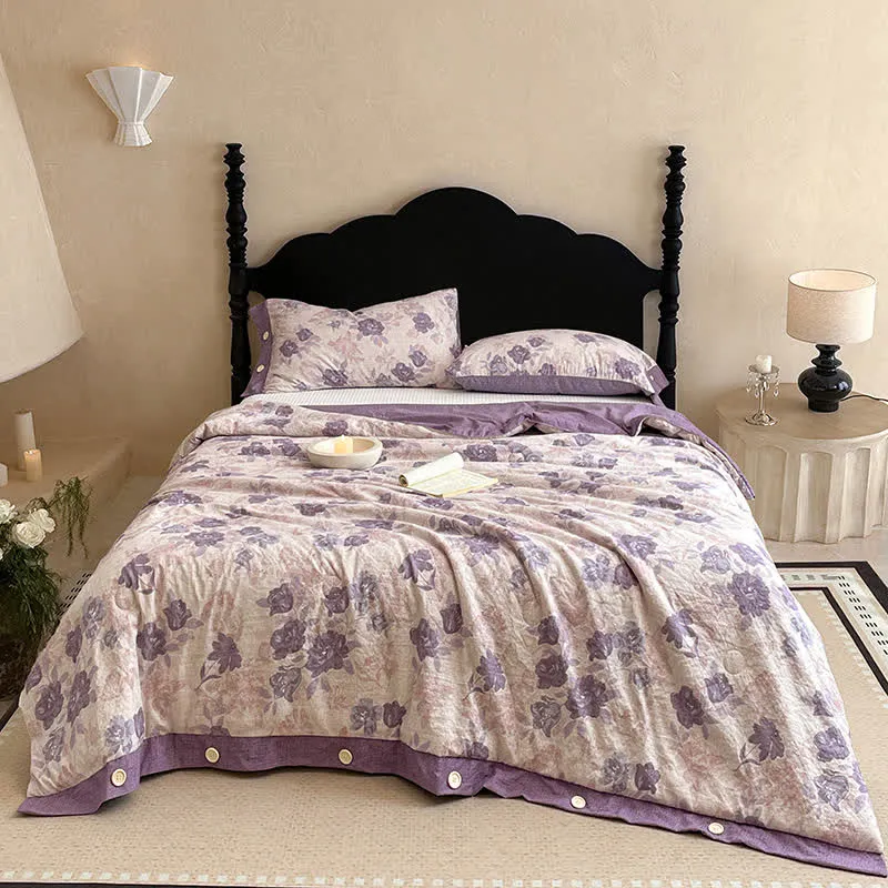 Romantische lila geblümte Baumwoll-Leinen-Decke/Steppdecke
