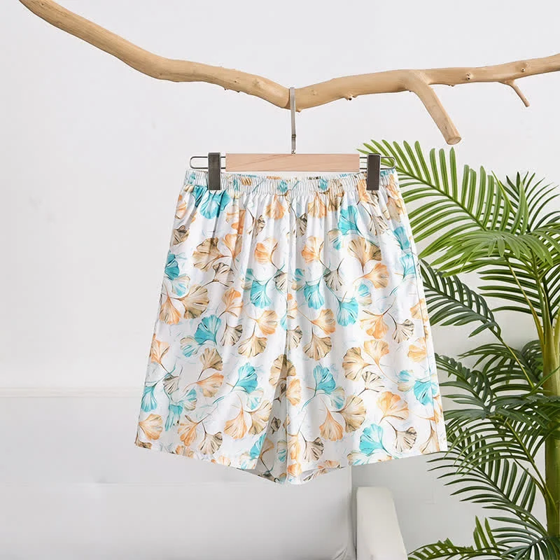 Loungerock aus Baumwolle mit floralem Ginkgoblatt-Muster und elastischem Bund