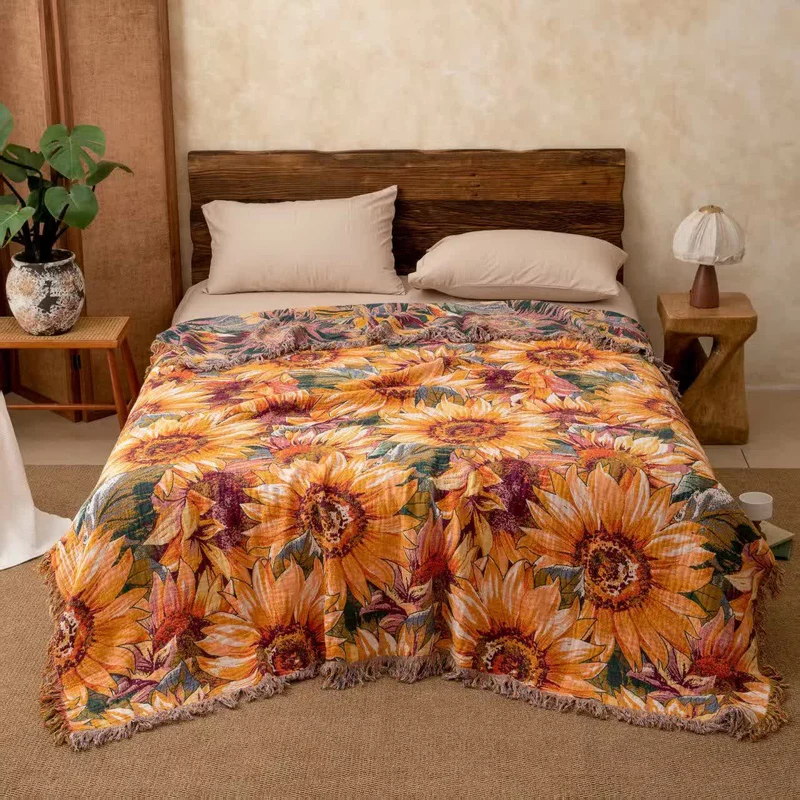 Boho-Sonnenblumen-Tagesdecke aus Baumwollgaze