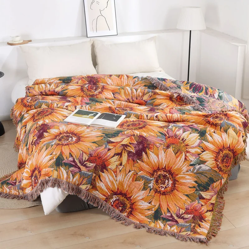 Boho-Sonnenblumen-Tagesdecke aus Baumwollgaze