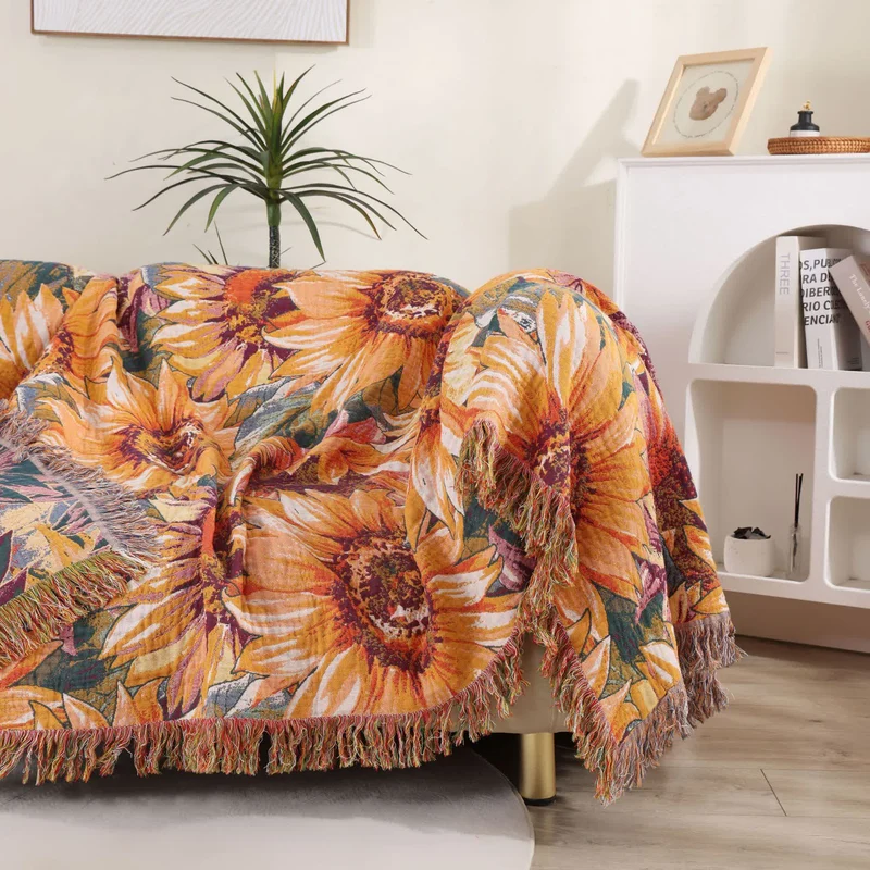 Boho-Sonnenblumen-Tagesdecke aus Baumwollgaze