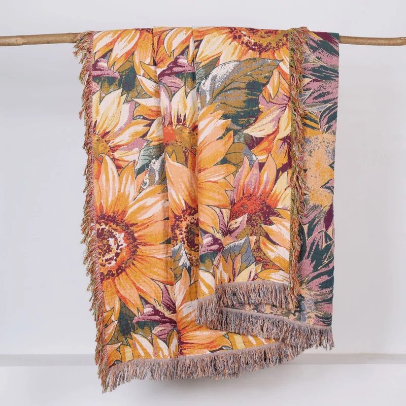 Boho-Sonnenblumen-Tagesdecke aus Baumwollgaze