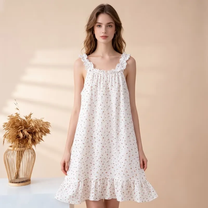 Lounge-Kleid aus Baumwolle mit Blumenmuster und Rüschenträgern