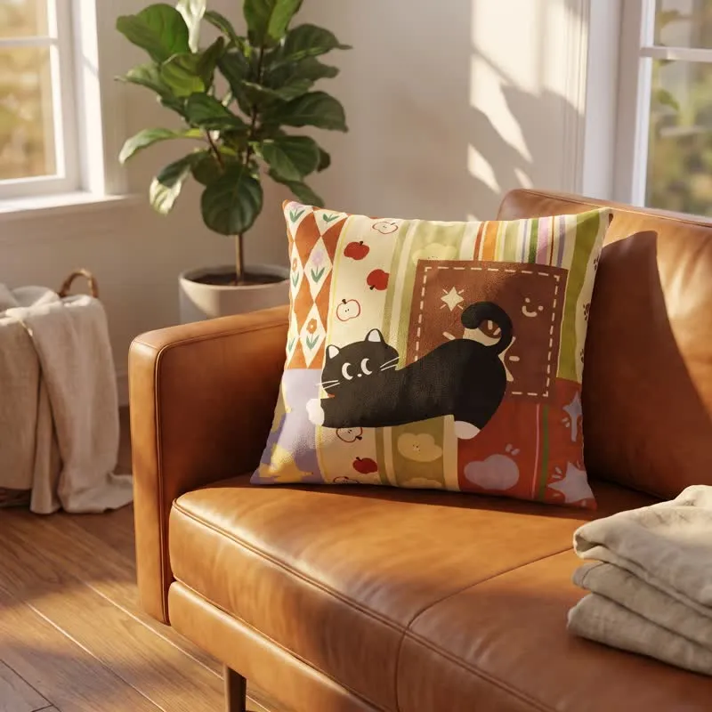Dekoratives Kissen mit verspieltem Patchwork-Muster und schwarzer Katze