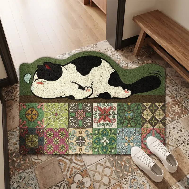 Eingangsbereich-Teppich mit schlafender Katze und Muschelkantenmuster