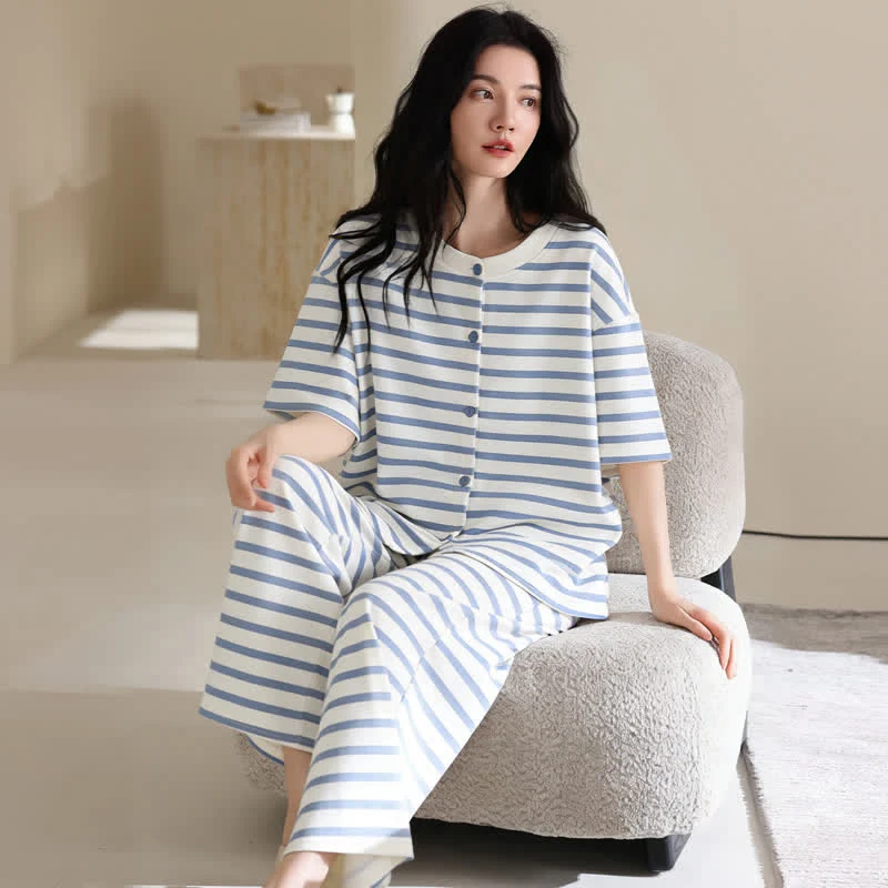 3-teiliges Loungewear-Set aus Baumwolle mit blauen Streifen