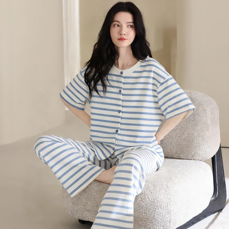 3-teiliges Loungewear-Set aus Baumwolle mit blauen Streifen