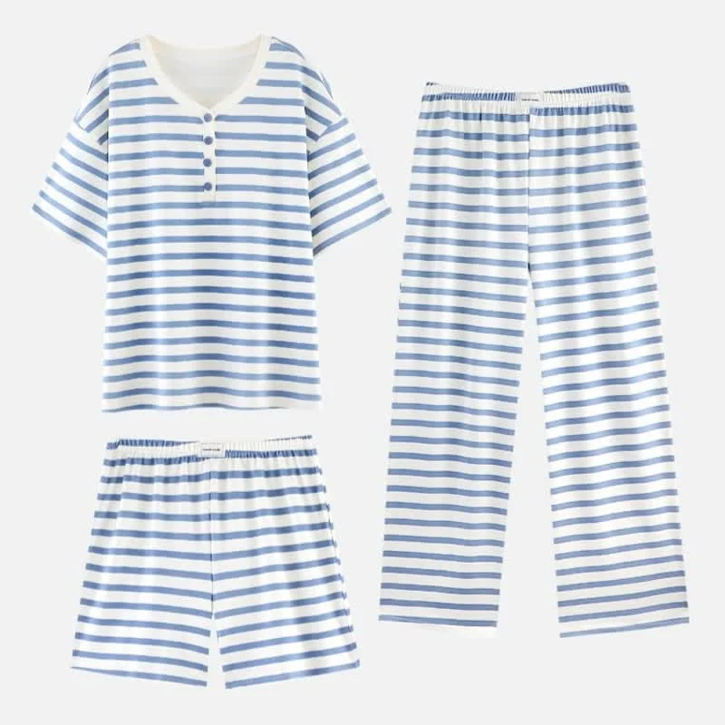 3-teiliges Loungewear-Set aus Baumwolle mit blauen Streifen