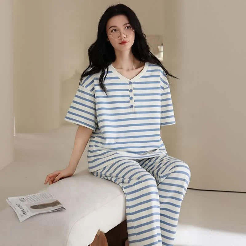 3-teiliges Loungewear-Set aus Baumwolle mit blauen Streifen