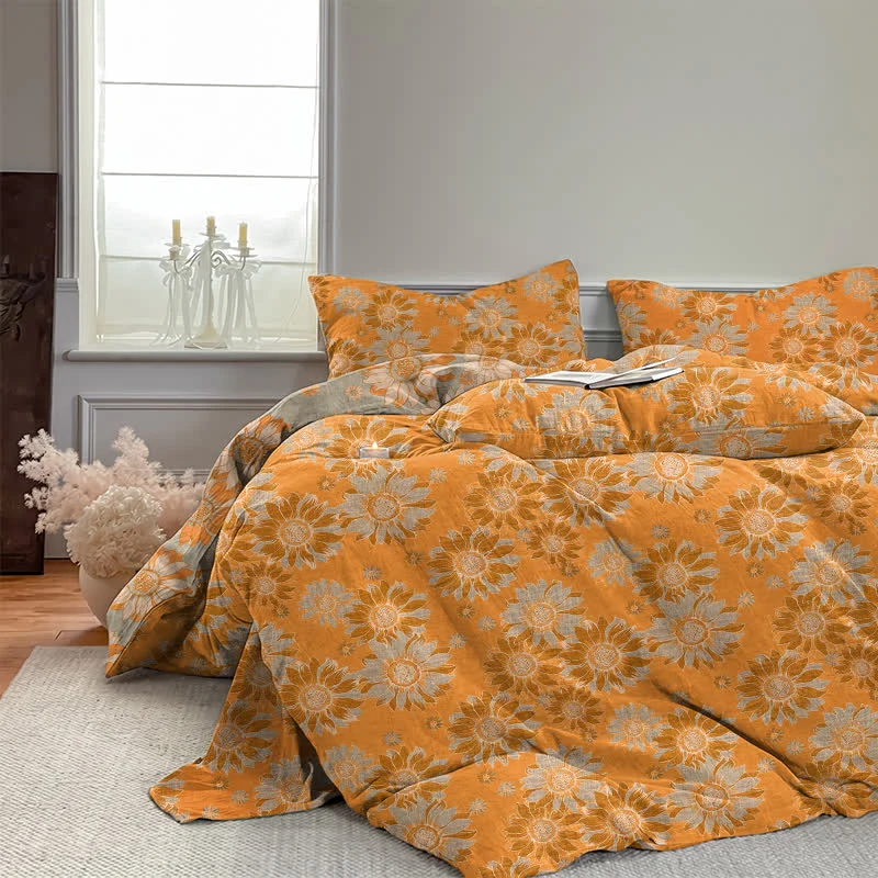Vintage Sonnenblumen-Orange Baumwoll-Bettwäsche-Set