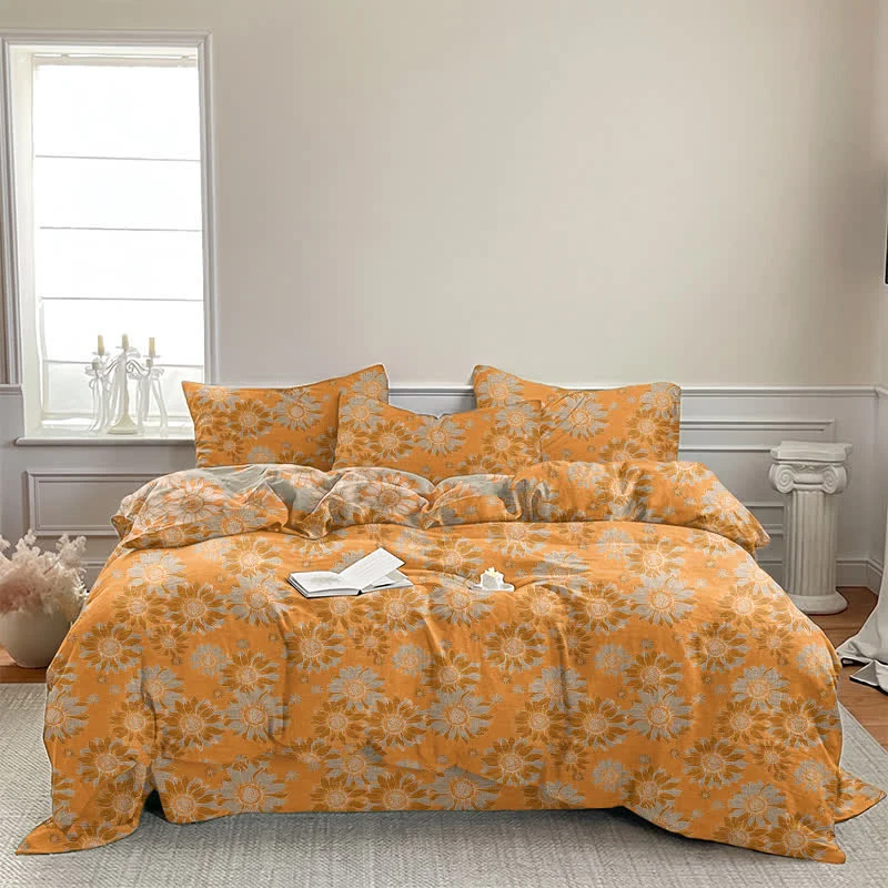 Vintage Sonnenblumen-Orange Baumwoll-Bettwäsche-Set