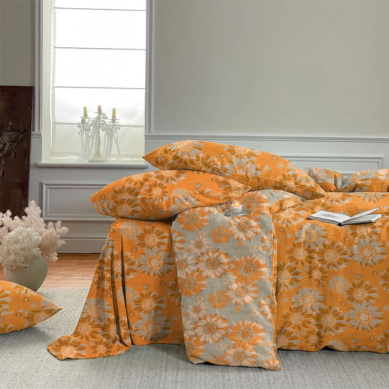 Vintage Sonnenblumen-Orange Baumwoll-Bettwäsche-Set