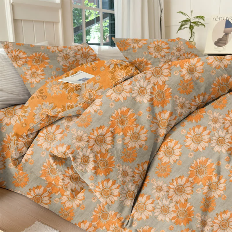 Vintage Sonnenblumen-Orange Baumwoll-Bettwäsche-Set