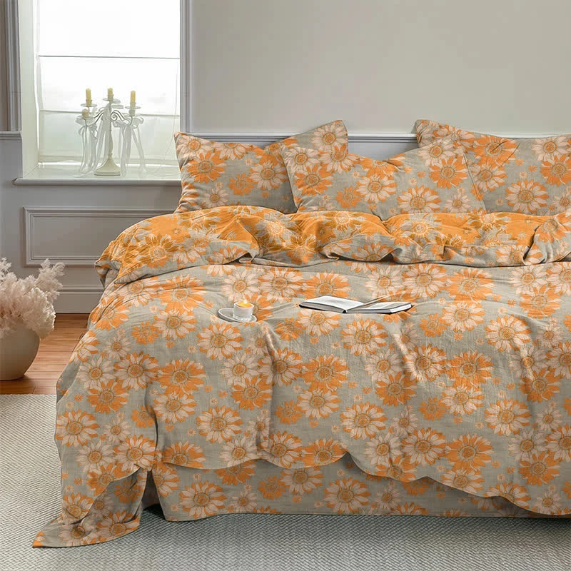 Vintage Sonnenblumen-Orange Baumwoll-Bettwäsche-Set