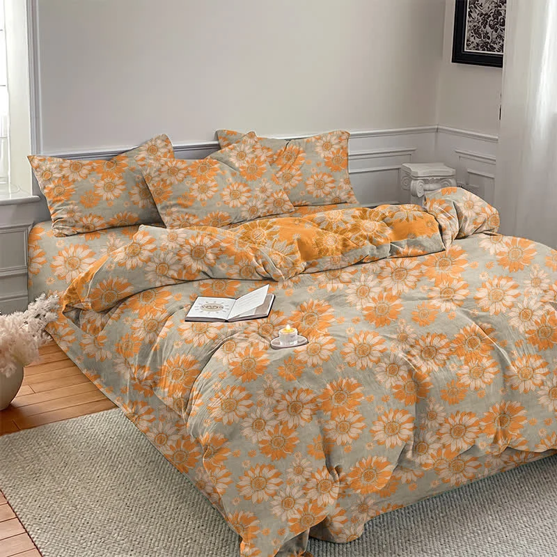 Vintage Sonnenblumen-Orange Baumwoll-Bettwäsche-Set