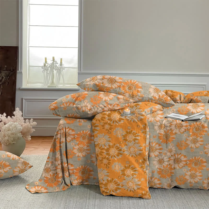 Vintage Sonnenblumen-Orange Baumwoll-Bettwäsche-Set