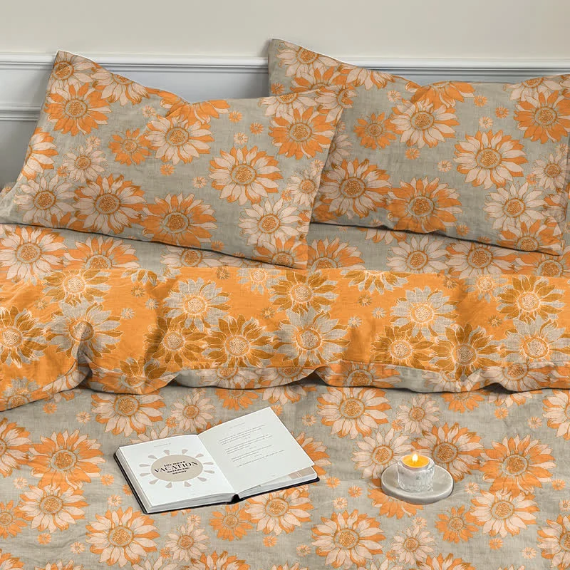 Vintage Sonnenblumen-Orange Baumwoll-Bettwäsche-Set