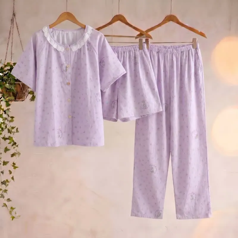 Loungewear-Set aus Baumwolle mit lila Hasen- und Blumenmuster (3-teilig)