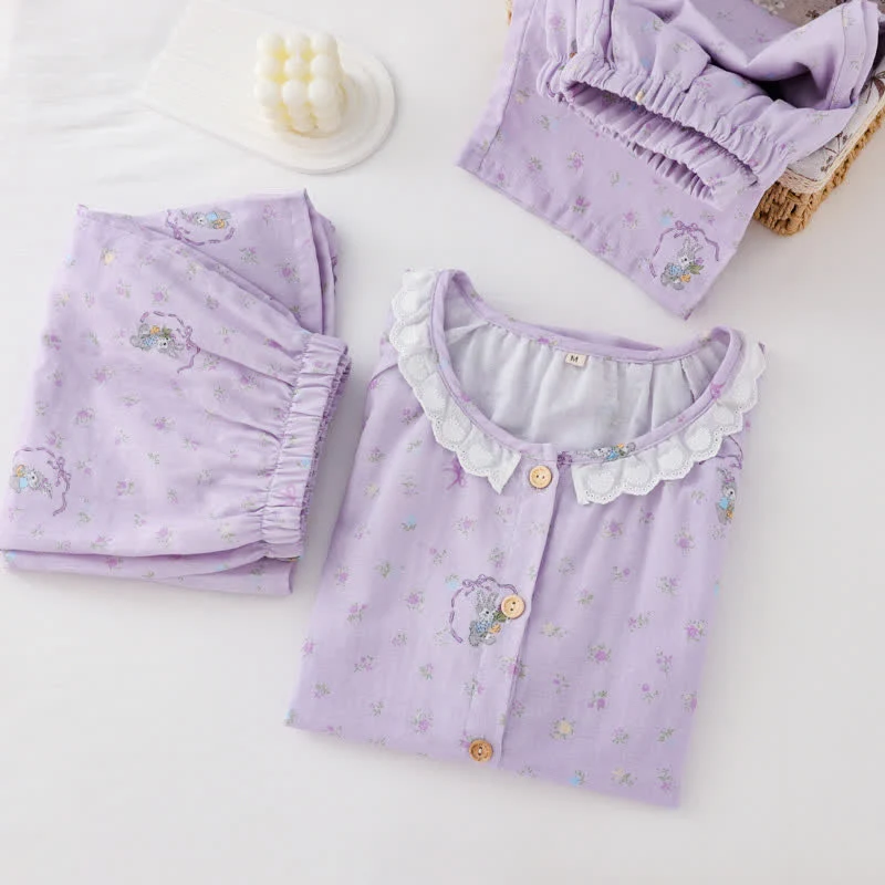 Loungewear-Set aus Baumwolle mit lila Hasen- und Blumenmuster (3-teilig)