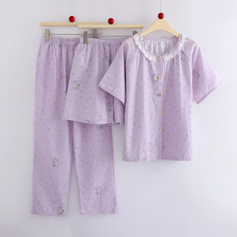 Loungewear-Set aus Baumwolle mit lila Hasen- und Blumenmuster (3-teilig)