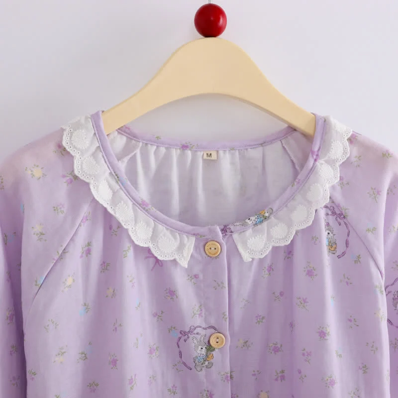 Loungewear-Set aus Baumwolle mit lila Hasen- und Blumenmuster (3-teilig)