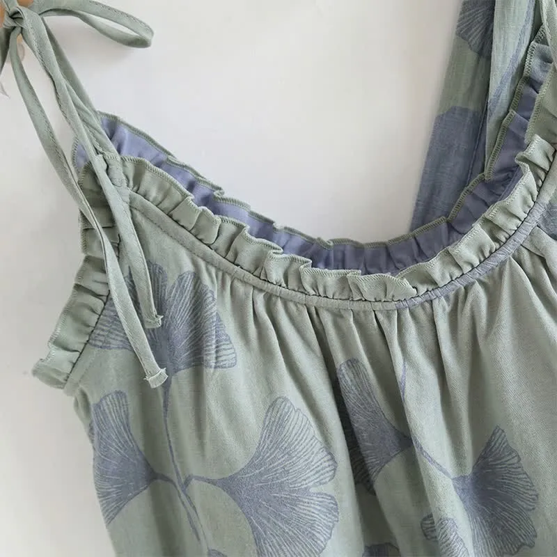 Ginkgo-Blatt-Pyjama-Set mit Rüschen und Cami-Oberteil