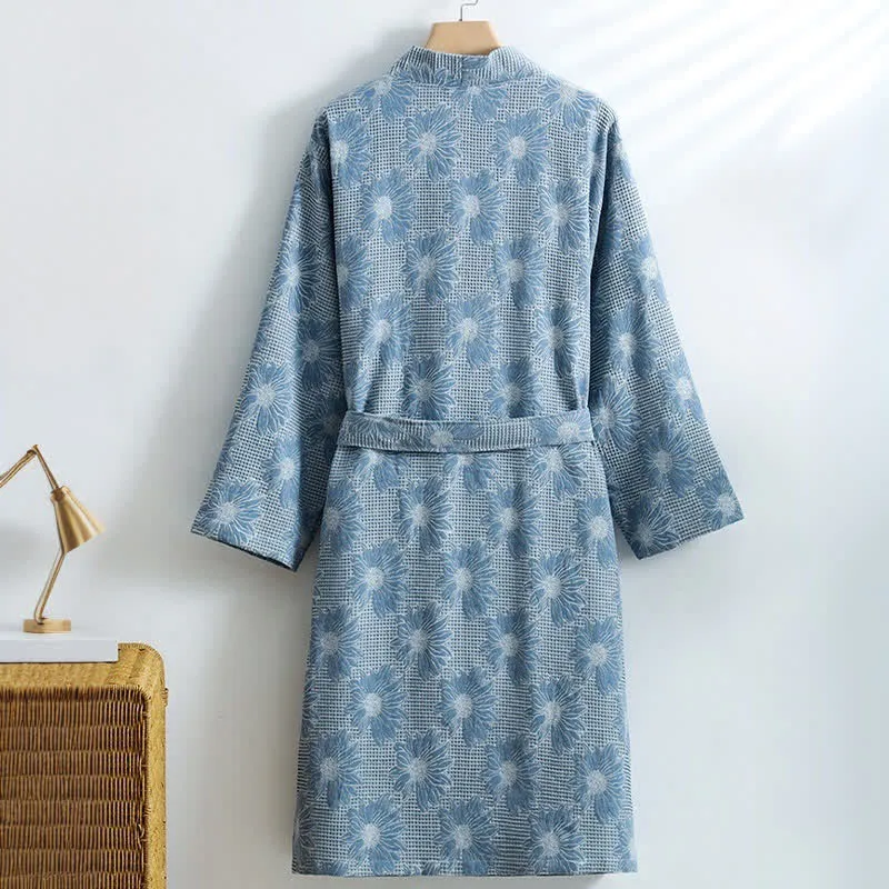 Kimono-Bademantel aus Baumwolle mit Sonnenblumenmuster und Waffelmuster