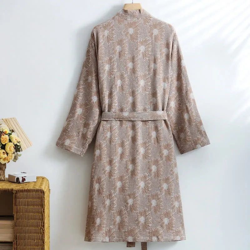 Kimono-Bademantel aus Baumwolle mit Sonnenblumenmuster und Waffelmuster