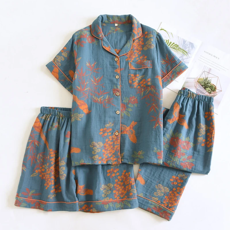 Vintage Loungewear-Set aus Baumwolle mit Vogel- und Blumenmuster