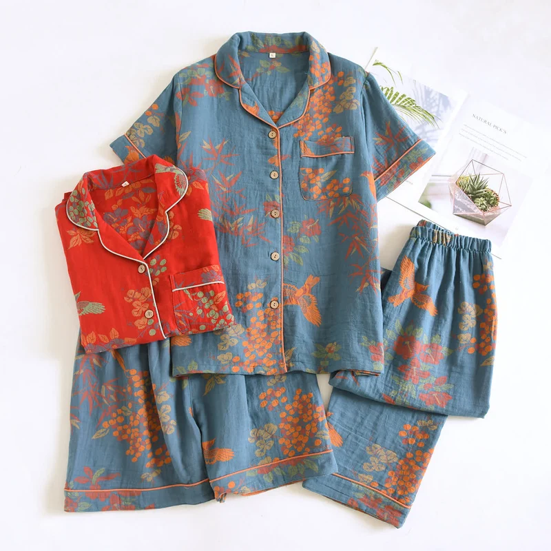 Vintage Loungewear-Set aus Baumwolle mit Vogel- und Blumenmuster