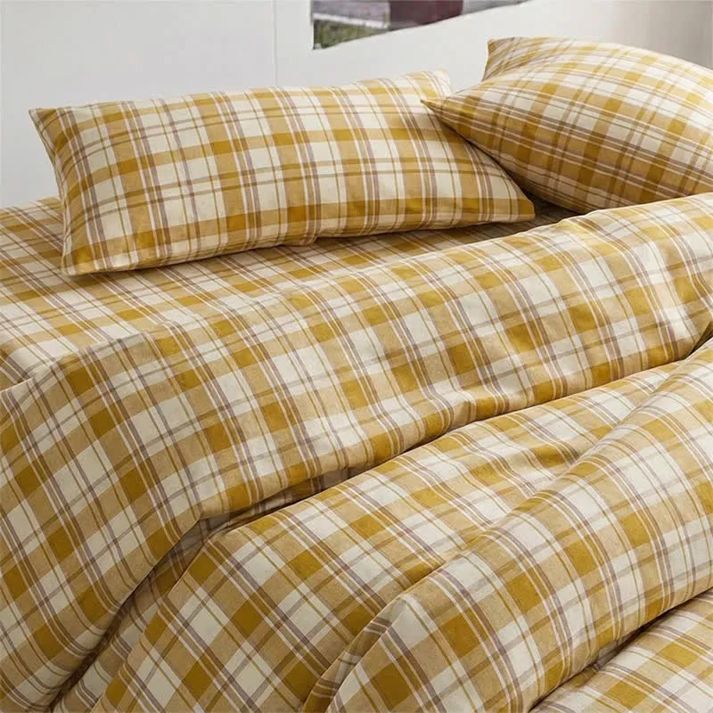 Senffarbenes kariertes Bettwäscheset für Einzelbett XL ( Schlafsaal)