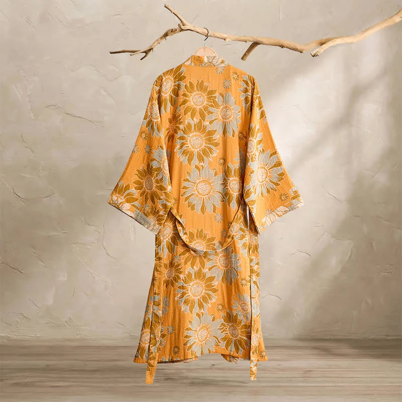 Vintage Sonnenblumen-Baumwollkimono-Bademantel