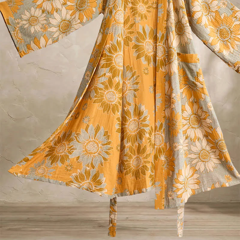 Vintage Sonnenblumen-Baumwollkimono-Bademantel