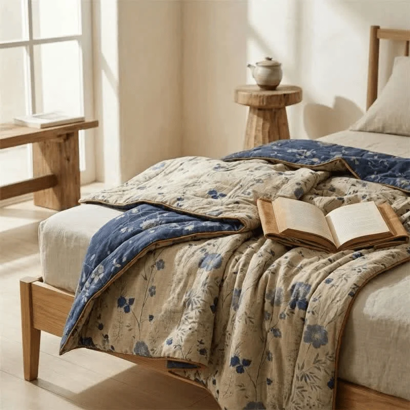 Wendbare blaue Landhaus-Steppdecke mit Blumenmuster