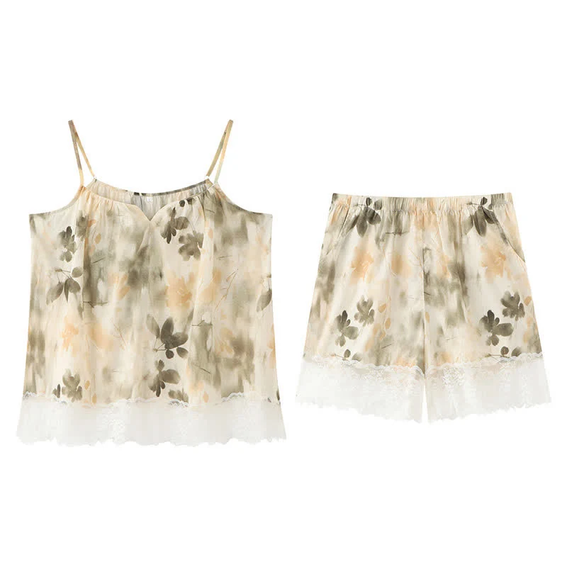 Beige Lounge-Set mit Camisole-Top und floraler Spitze
