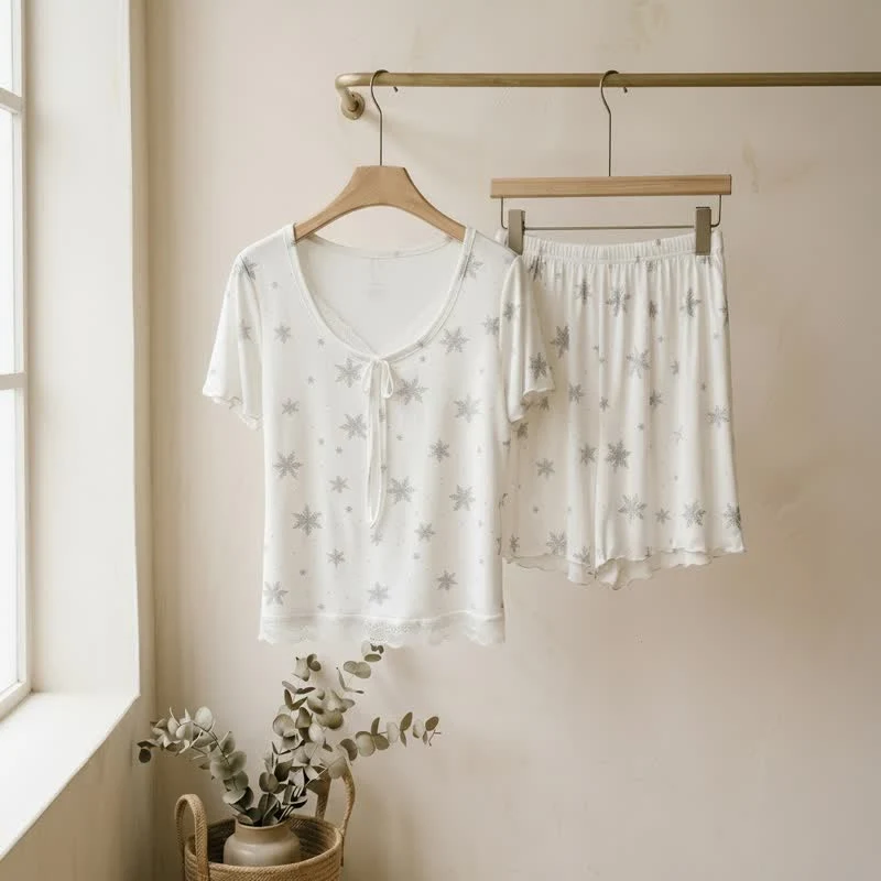 Loungewear-Set mit elfenbeinfarbenen Streifen und Spitzenbesatz