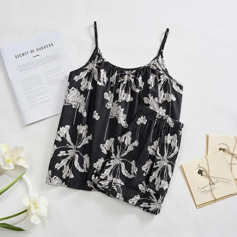 Schwarzes Pyjama-Set mit geblümtem Cami-Shorts