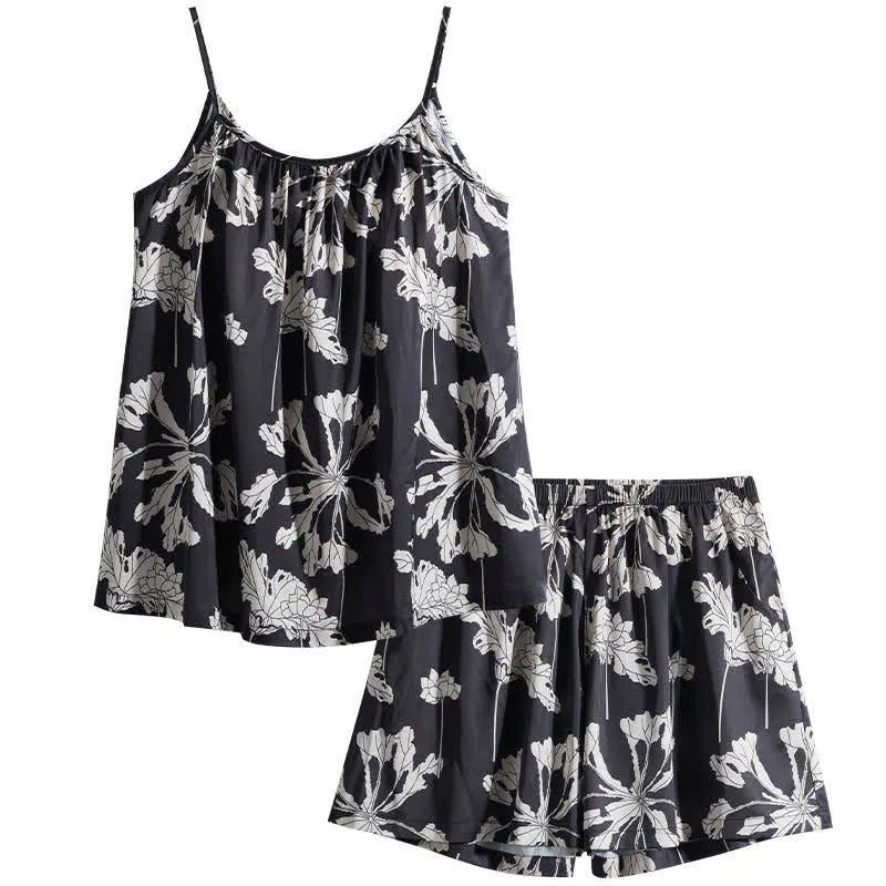 Schwarzes Pyjama-Set mit geblümtem Cami-Shorts