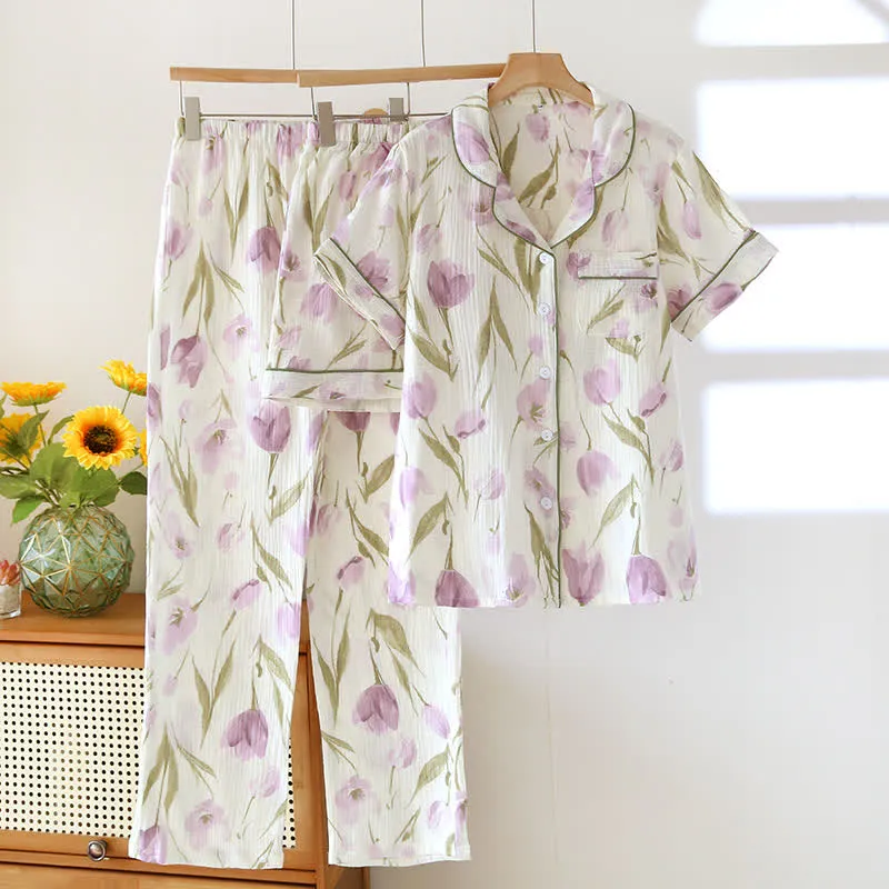 Romantisches 3-teiliges Pyjama-Set aus Baumwollgaze mit Tulpenmuster