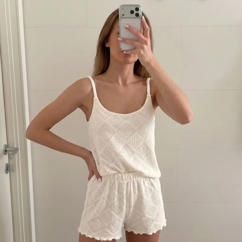 Beige Jacquard Cami Shorts Pyjama-Set