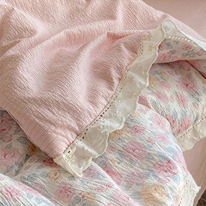 Sommer-Bettwäsche-Set mit Rüschenspitze in zartem Rosa
