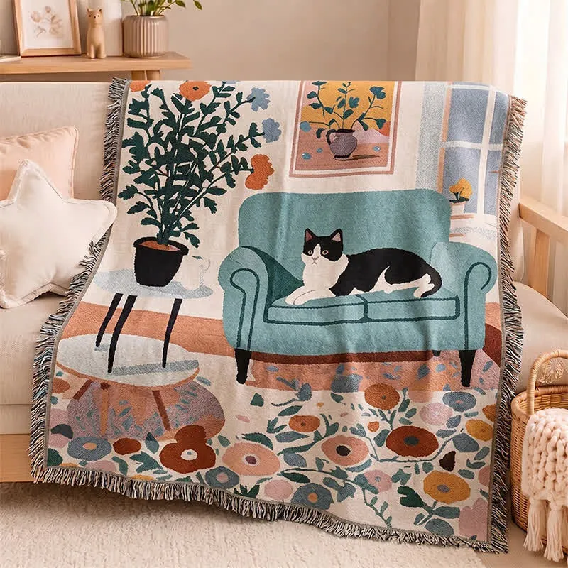 Boho-Katzen-Wohndecke mit Fransen