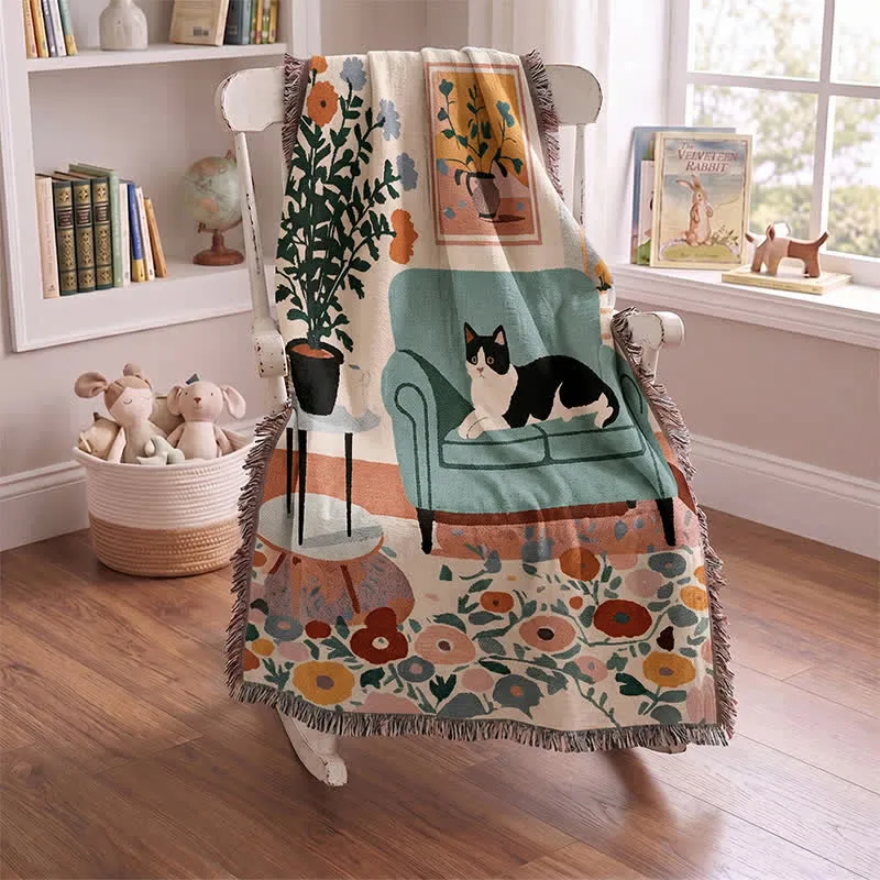 Boho-Katzen-Wohndecke mit Fransen